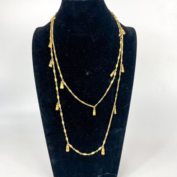 Vintage Monet Textured Gold-Tone Long Dapped Chain Necklace Tassel Charms - Picture 1 of 5
